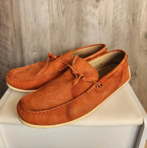 TOD'S Men's Tangerine Pebbled Leather Moccasins Loafers Size 10 US - Picture 1 of 12